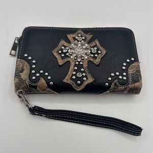 Western Rhinestone Cross Camo Studded Wristlet Wallet Black Faux Leather Zip